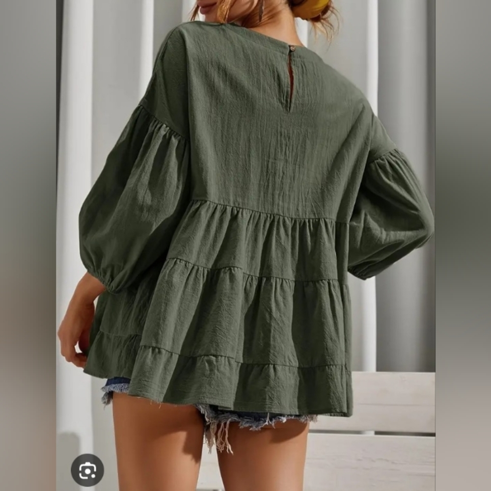 Bohemian Olive Green Tiered Peasant Blouse - Picture 7 of 16
